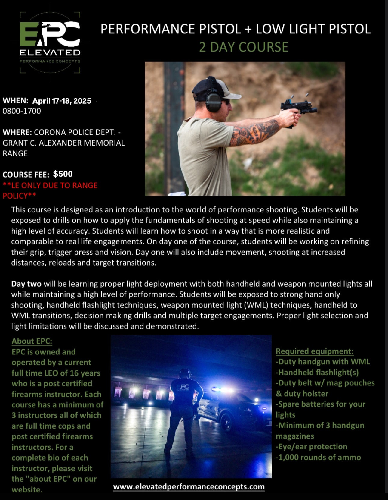 Performance Pistol + Low Light 2 day course April 1718, 2025 Coro