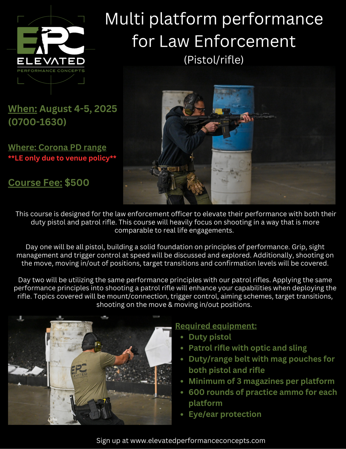 Multi-platform Performance (pistol/patrol rifle) August 4-5, 2025 @ Corona PD ***LE ONLY***
