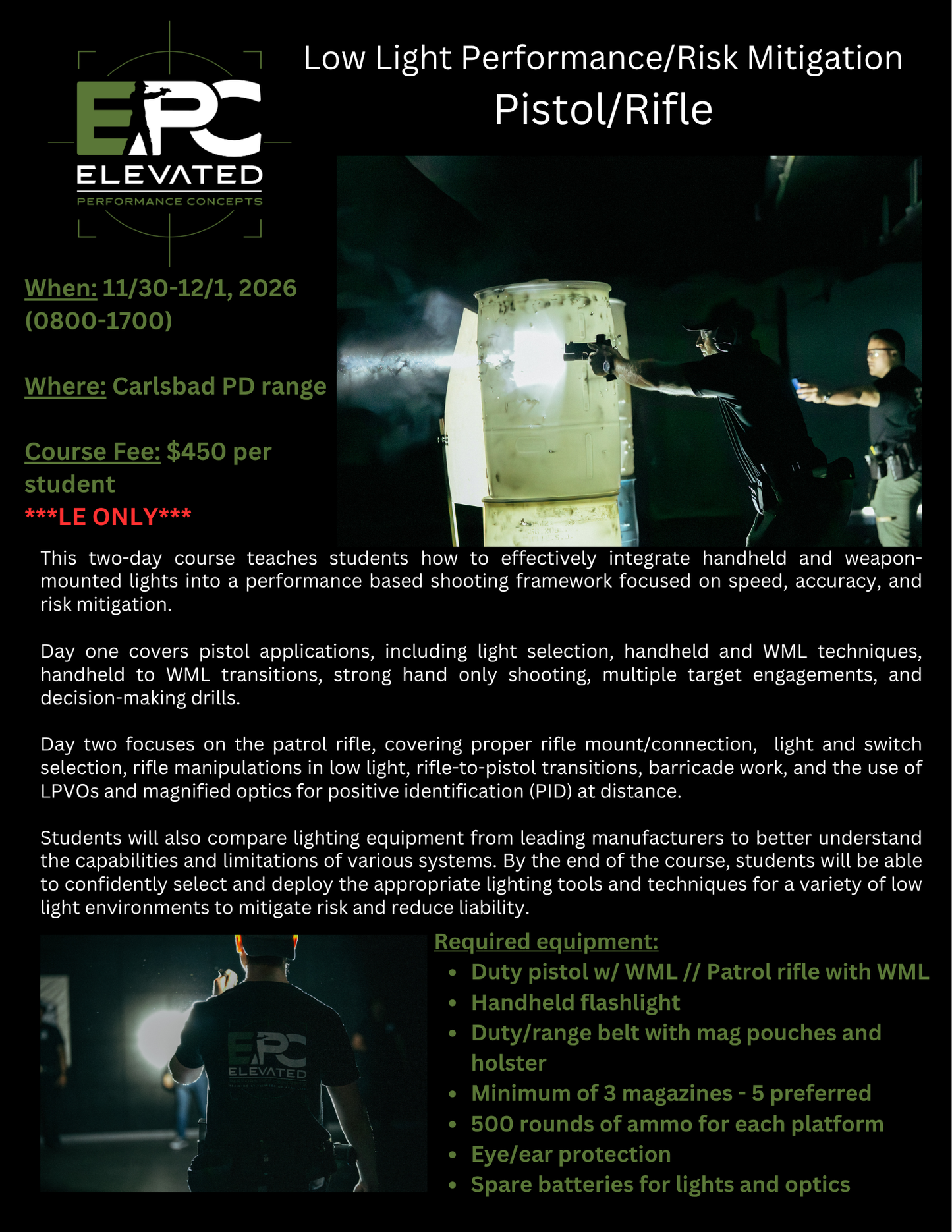 Low Light Performance/Risk Mitigation - Pistol/Rifle @ Carlsbad PD 11/30-12/1, 2026 ****LE ONLY****