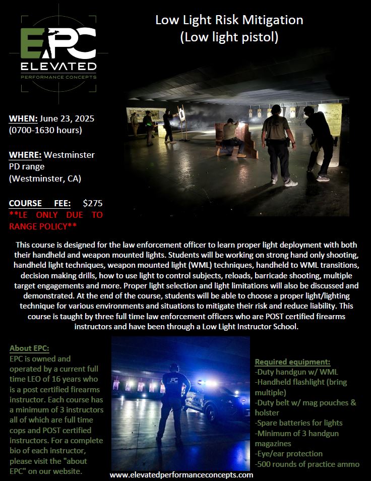 Low Light Risk Mitigation (PISTOL) June 23rd, 2025 @ Westminster PD ***LE ONLY***