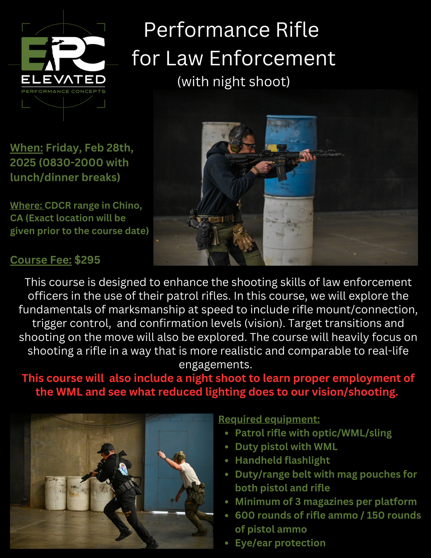 Performance Rifle for LE with Night Shoot - February 28th, 2025 @ CDCR range (Chino, CA) ***LEO ONLY***