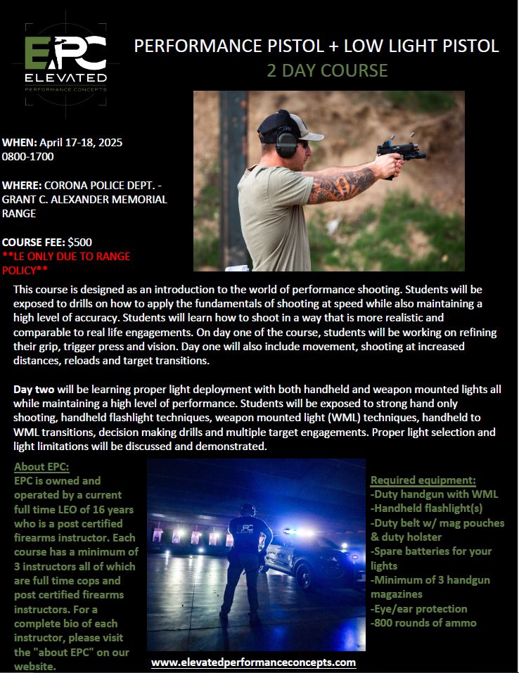 Performance Pistol + Low Light 2 day course - April 17-18, 2025 @ Corona PD ***LEO ONLY***